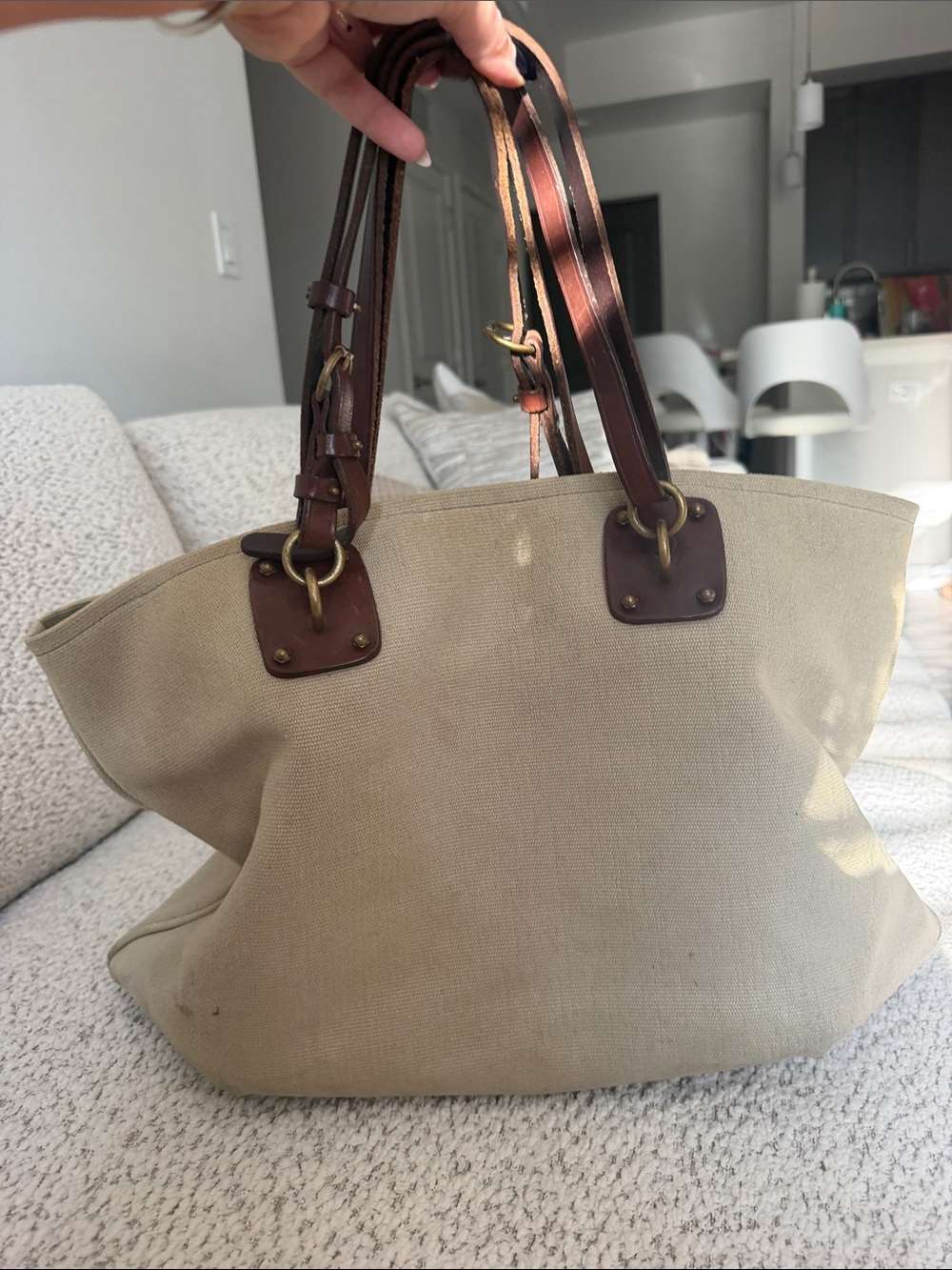 Bottega Veneta Beige Canvas Tote with Brown Leather Straps